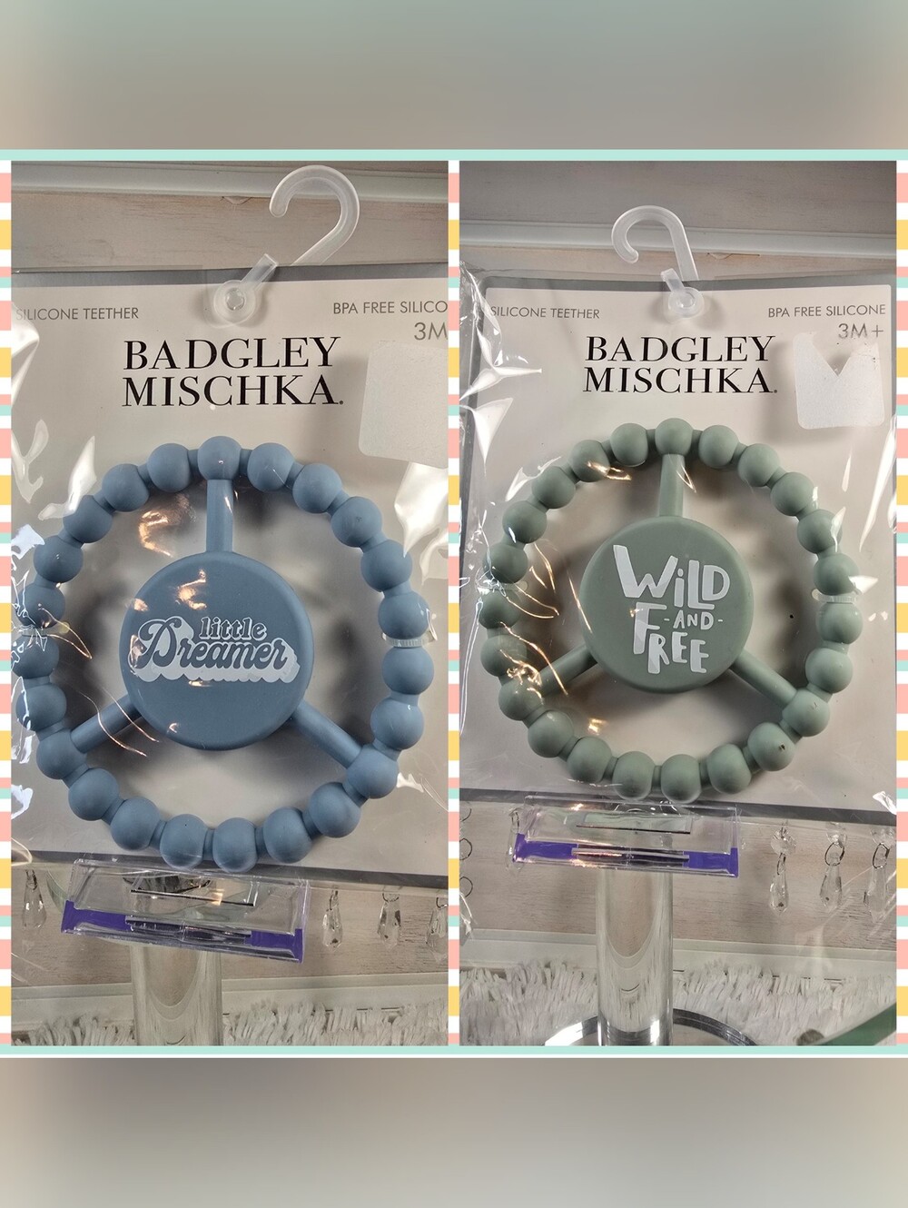 Set of 2 Badgley Mischka Kids Silicone Ring Teether - Blue & Sage